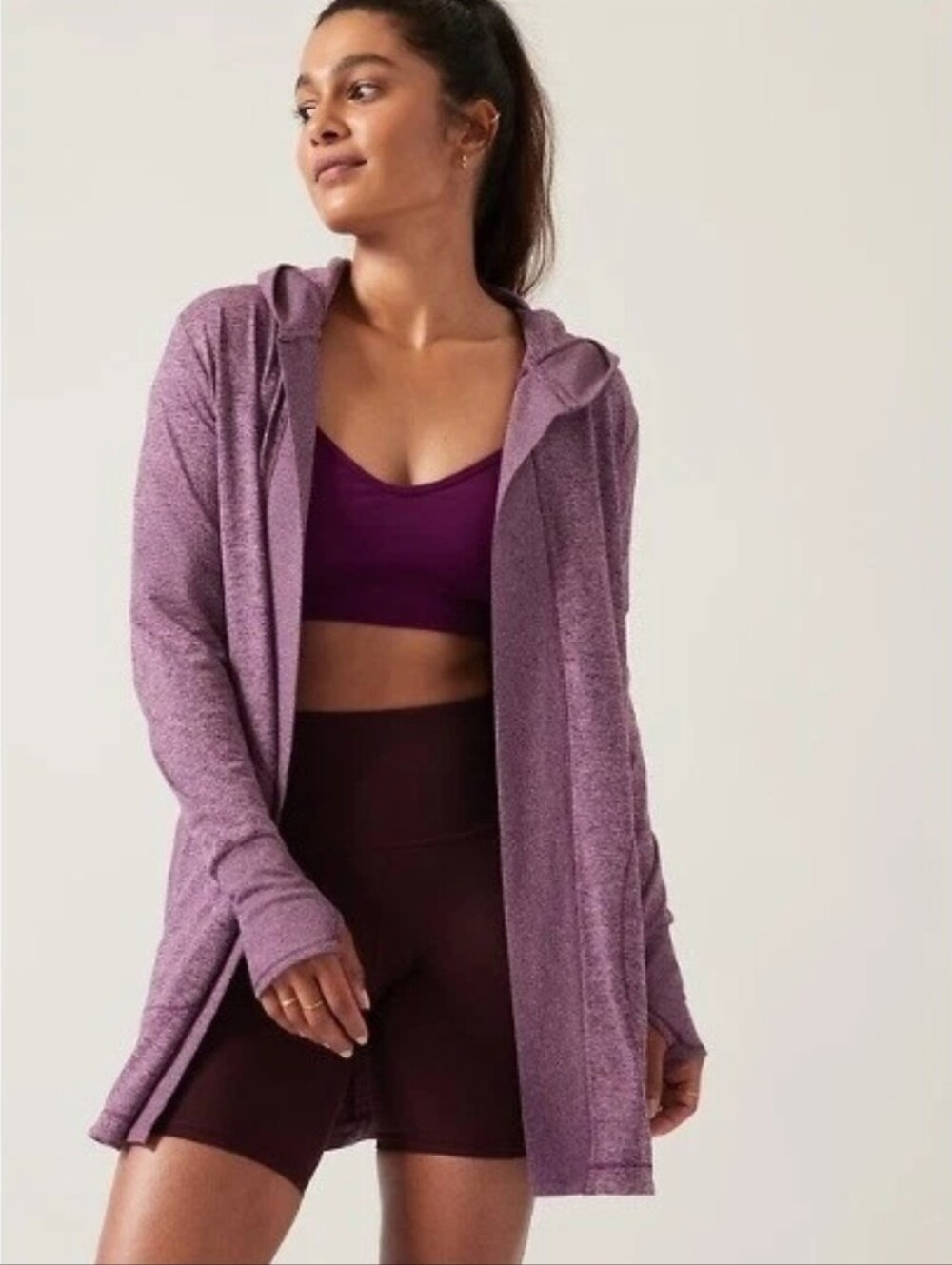 Athleta Uptempo Wrap Hoodie Cardigan Open Front Light Heather Purple Size Large